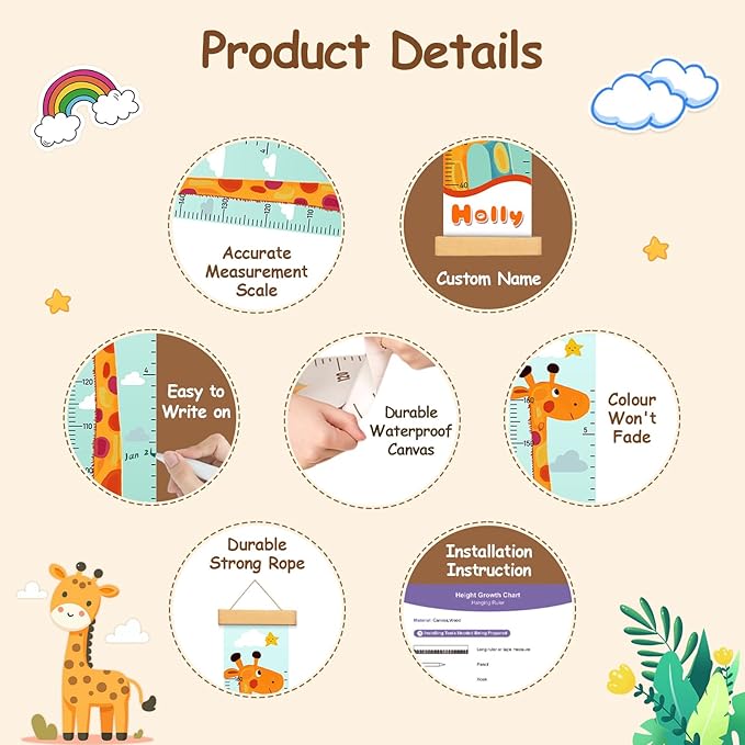 Personalized Name Kid Height Measurement for Wall, Giraffe Canvas Growth Chart Removable, Waterproof Height Chart for Kids Boys Girls Toddler, Playroom Wall Decor Growth Chart for Wall