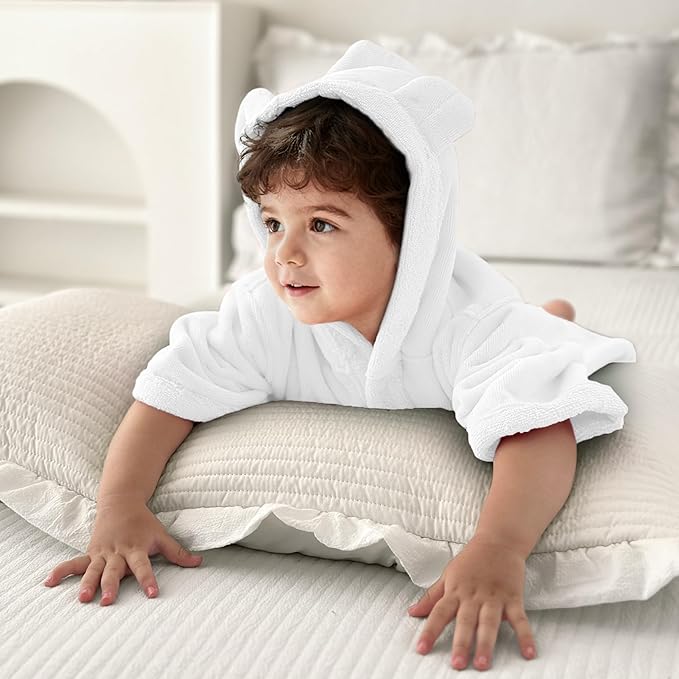 VOOVA & MOVAS Baby Hooded Towel with Bear Ear, 0-3Years | 100% Cotton, Ultra-Soft & Absorbent | Gentle for Sensitive Skin, Bath, Pool & Beach Towel | Newborn (White)