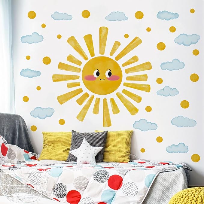 Eutecado Large Sun Wall Decals Watercolor Cloudy Wall Stickers for Kids Room, Smile Sun Polka Dots Clouds Wall Decor Stickers Peel and Stick Art Murals Decorations for Nursery Classroom Bedroom
