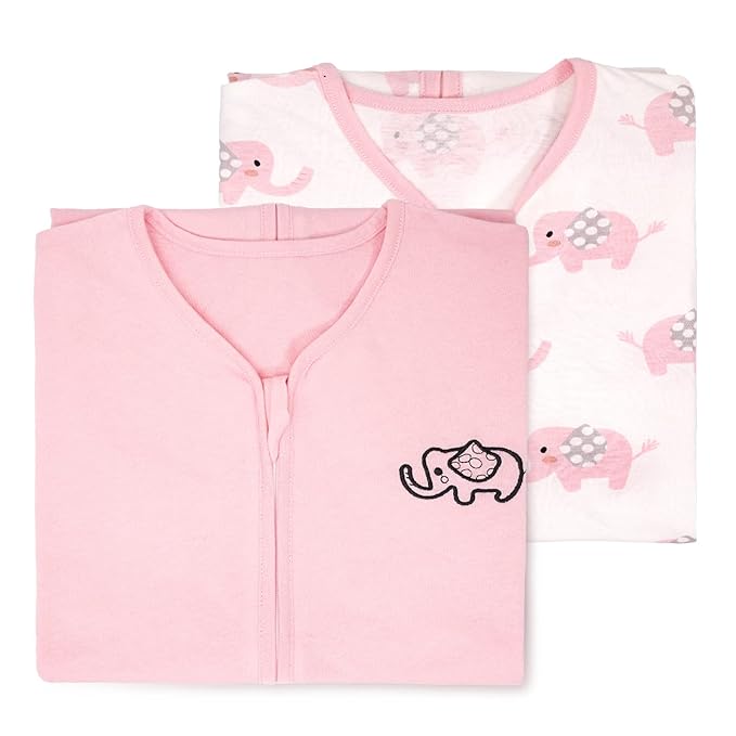 TILLYOU 2 Pack Infant Sleep Sack 0-6 Months 100% Cotton Wearable Blanket 0.5 TOG Sleeveless Summer Sleep Sacks with 2-Way Zipper, Pink Elephant