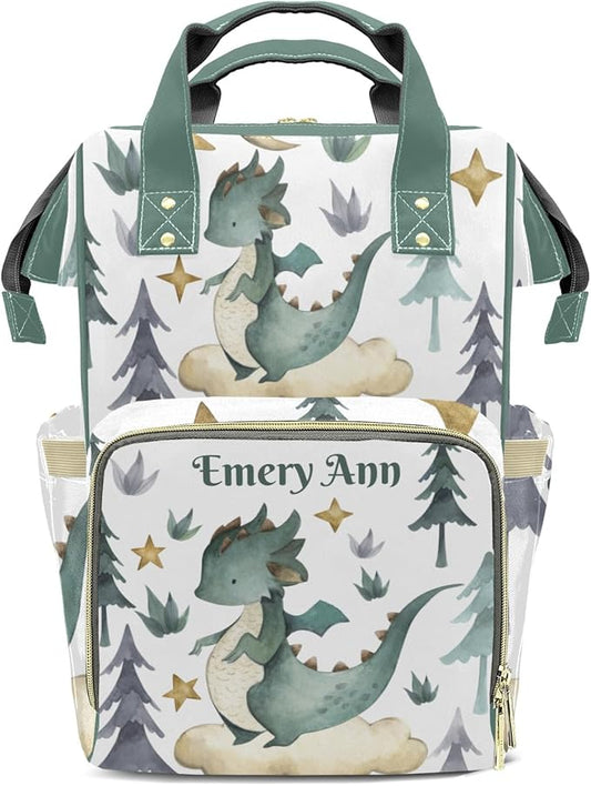 Personalized Cute Dragon Watercolor Custom with Name Diaper Bag Backpack For Baby Boy Girl Dad Mom Unisex for Adult Daypack Holiday Gift