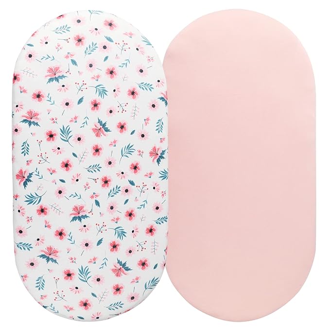 Bassinet Sheet Set 2 Pack Snug Fitted Cradle Fitted Sheets, Stretchy Ultra Soft, for Oval Rectangle Hourglass Bassinet Mattress, Unisex Boy Girl, Floral & Pink