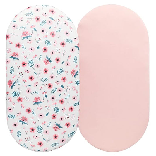 Bassinet Sheet Set 2 Pack Snug Fitted Cradle Fitted Sheets, Stretchy Ultra Soft, for Oval Rectangle Hourglass Bassinet Mattress, Unisex Boy Girl, Floral & Pink
