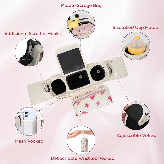 Universal Stroller Organizer with Insulated Cup Holders and Detachable Phone Bag,Stroller Caddy Fits for Stroller Accessories like Uppababy, Baby Jogger, Doona, Nuna Stroller (strawberry)