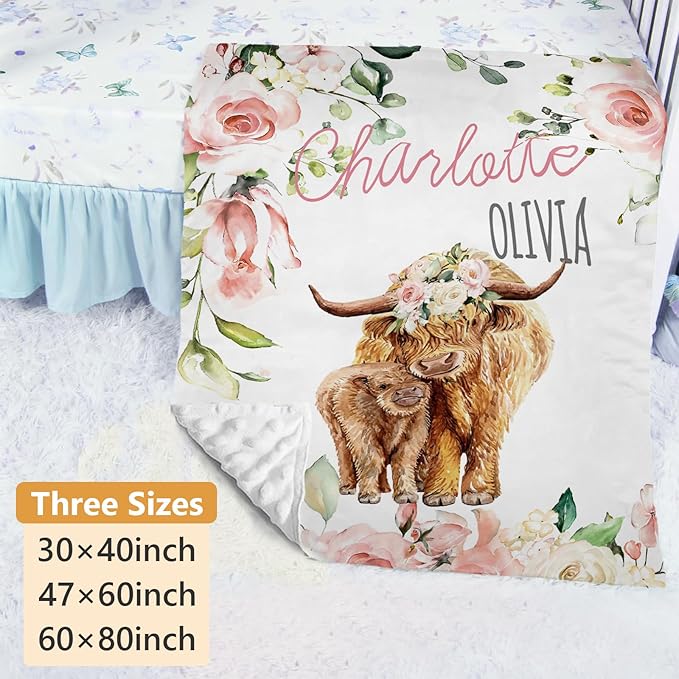 Personalized Crib Bedding Set - 4 Piece Custom Gift Big Highland Cow Crib Bed Set with Name, Soft Double Layer Blanket Set for Infant Baby Girl, Nursery Bedding Set for Toddler Boys