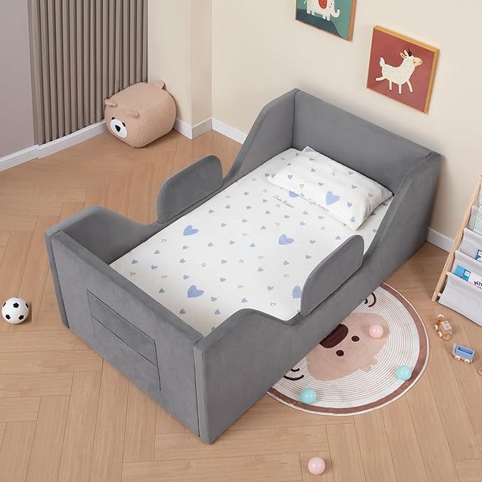 Toddler Floor Bed with Removable Safety Rails and Storage Bag, Kids Bed for Girl and Boys, Standard Crib Size, Safety Upholstered Child Beds, Low to Floor Design