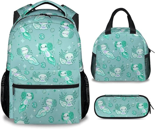 Mercuryelf Axolotl Girls Backpack with Lunch Box Set, 3 in 1 School Travel Backpacks Matching Combo, Cute Emerald Green Bookbag and Pencil Case Bundle