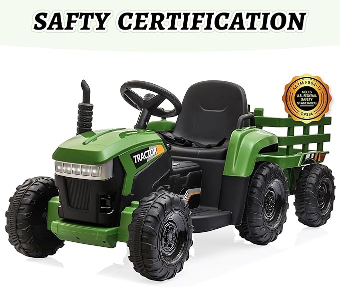 TOBBI Kids Electric Ride On Toy Tractor, Toddlers 12V Battery-Powered Car to Drive, 35W Dual Motor 6-Wheels Trailer Vehicle with 3-Speeds/LED & Horn Functions for Chirdren Aged 3-6-Dark Green