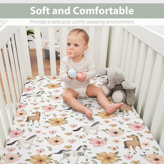 Watercolor Horse Floral Baby Crib Sheets for Boy Girl 52"x28" Running Horses Boho Flowers Soft Snug Fitted Crib Mattress Cover Wild Animals Baby Sheet for Standard Crib & Toddler Bed Mattresses