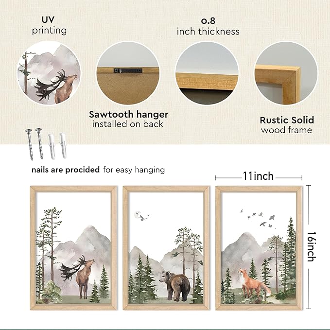 YWJKWLGS Wild Woodland Animals Nursery Wall Art Decor 11"×16" Set of 3 Jungle Theme Safari Forest Deer Bear Fox Posters Wood Framed Sign for Children's Boys Girls Room Watercolor Prints Hanging (Wood)