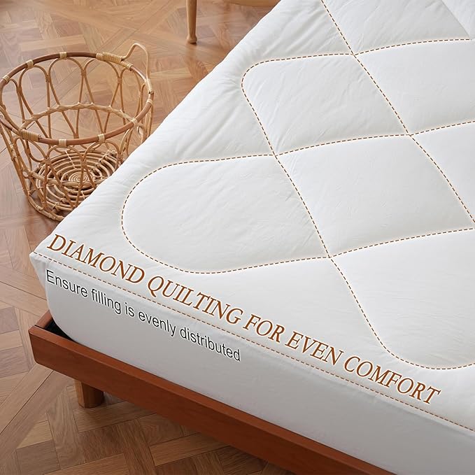 YOUR MOON Natural Wool Mattress Pad King – 450GSM Organic Australian Wool Mattress Topper, Quilted Fitted Mattress Bed Cover with 16" Deep Pocket, Hypoallergenic Cotton Cover (White)