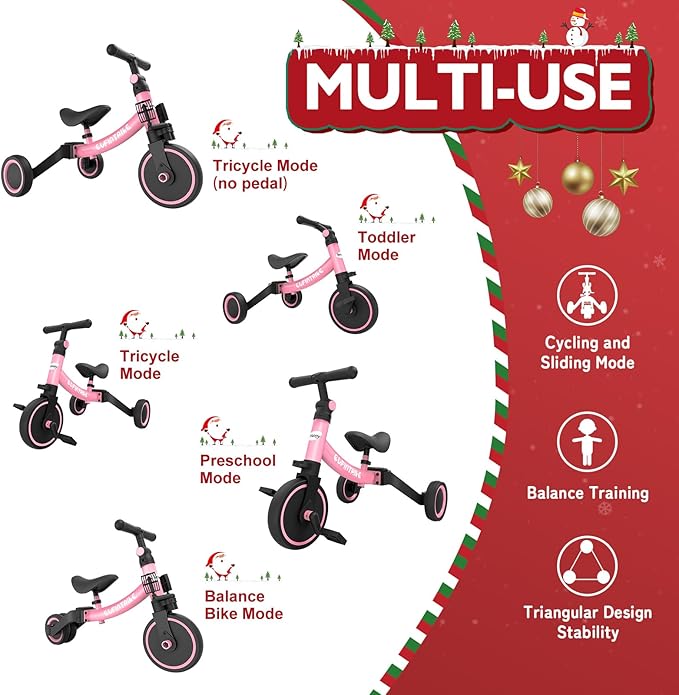 besrey 5 in 1 Toddler Bike for 1 Year to 4 Years Old Kids, Toddler Tricycle Kids Trikes Tricycle, Toys for Boy & Girl, Balance Training, Removable Pedals