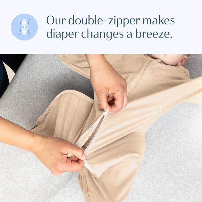 SleepingBaby Zipadee-Zip Transition Swaddle - Cozy Baby Swaddling Blanket with Zipper Convenience - Roomy Wearable Blanket for Easy Diaper Changes - 4-8 Month - Balanced Beige Heather