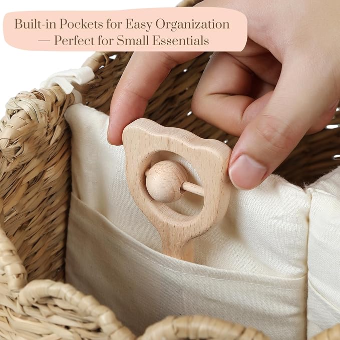 YANGQIHOME Diaper Caddy Organizer, Seagrass Nursery Baby Basket for Baby Essentials, Scalloped Wicker Diaper Caddy, Baby Shower Gifts (Diamond)