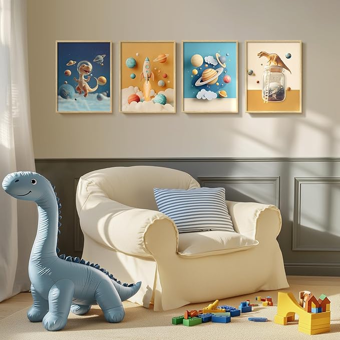 Framed Outer Space Themed Wall Art for Kids Room, 4 Piece Planets Rocket Canvas Wall Art Prints, Modern Space decor for Boys Bedroom, Nursery, Playroom, Bathroom Wall Decor, 11x14 Inch