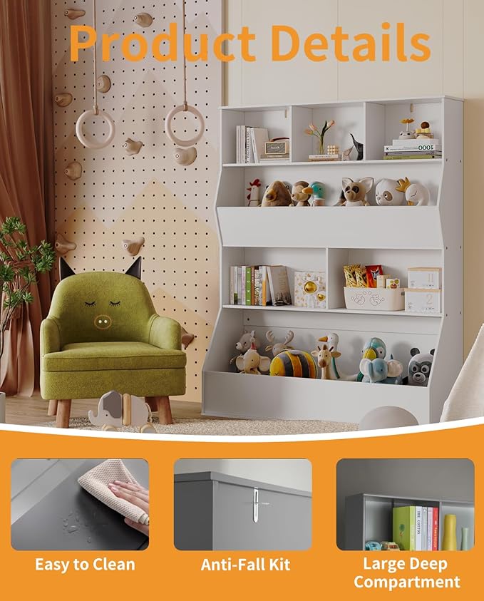 Arlopu Kids Bookshelf & Toy Storage Organizer, 4 Tier Wooden Cabinet with Open Design, Toddler-Friendly Bookcase for Playroom, Nursery, Classroom, Kindergarten (White)