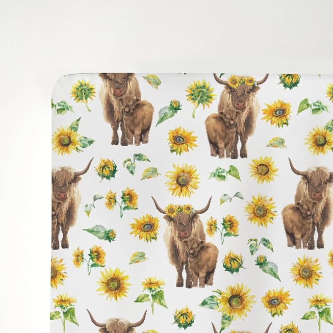 Highland Cow Sunflowers Baby Crib Sheets for Boy Girl 52"x28" Highland Cattle Yak Floral Soft Snug Fitted Crib Mattress Cover Farmland Animal Baby Sheet for Standard Crib & Toddler Bed Mattress