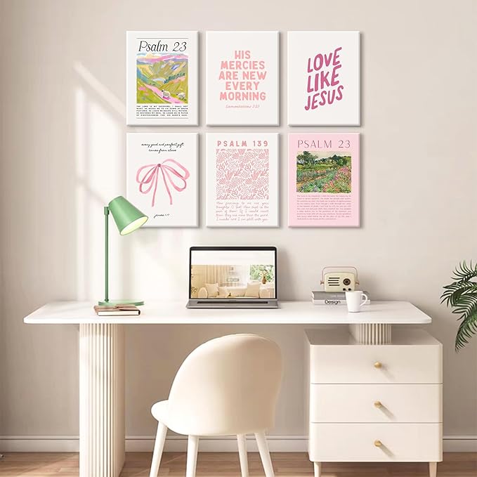 Christian Wall Art Pink Bible Verse Canvas Wall Decor Trendy Preppy Room Poster Cute Girls Scripture Pictures Decor Floral Bow Religious Prints Nursery Artwork for Bedroom 8x10x6 Inch Wrapped Canvas
