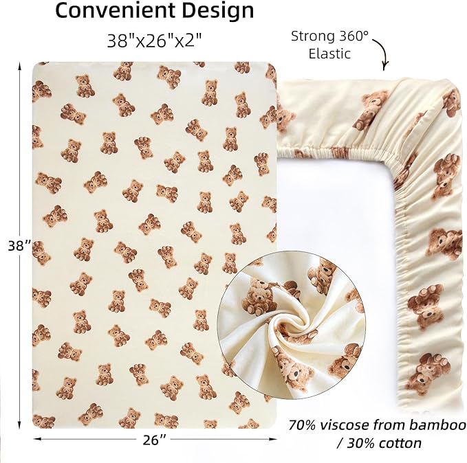 LifeTree Pack and Play Sheets Fitted for Baby, 38" x 26" x 2" Muslin Playard Mattress Pad Cover,70% Viscose from Bamboo and 30% Cotton, Bear Pattern