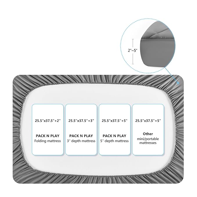 TILLYOU Pack and Play Sheet - Soft Quilted Crib Cover Pad, Toddlers Mattress Protector with 1''-3'' Deep Pocket, Thick Play Yard Playpen Sheets, Breathable Fluffy Crib Mattress Pad, 39"x27", Grey