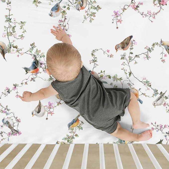 Watercolor Cute Birds Baby Crib Sheets for Boy Girl 52"x28" Spring Garden Bird Floral Leaves Soft Snug Fitted Crib Mattress Cover Sparrow Farmhouse Baby Sheet for Standard Crib and Toddler Mattress
