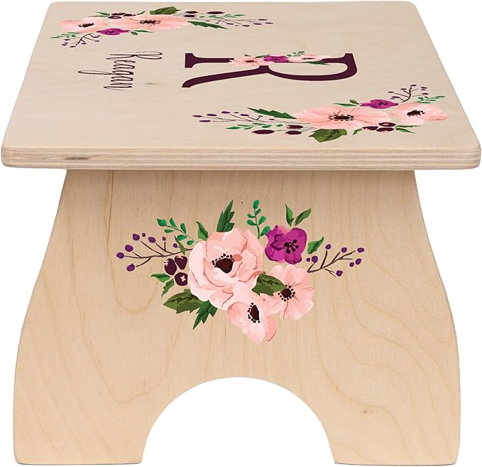 Floral Step Stool for Toddlers- Personalized Wood Kids Step Stool with Name for Kitchen Sink, Bathroom, Potty Training, Toilet, Kitchen Sink- Sturdy and Safe- Made in USA by BloomOwl (Floral- Plum)