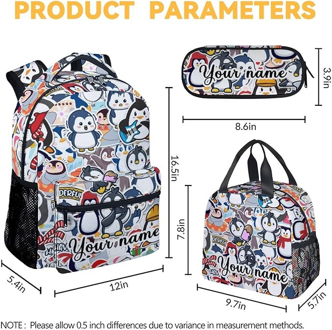 COOPASIA Personalized Penguin Backpack with Lunch Box and Pencil Case, 16 Inch Penguin Theme Bookbag with Adjustable Straps, Durable, Lightweight, Large Capacity, School Backpack for Girls Women
