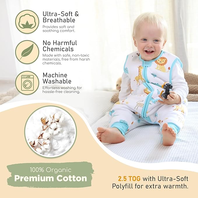 Mama Cheetah Toddler Sleep Sack with Feet, 6-18 Month, 2.5 TOG Organic Cotton Baby Sleeping Bag with Legs, Baby Wearable Blankets for Walkers w/ 2-Way Zipper, Baby Sleep Sack for Girls & Boys, Small