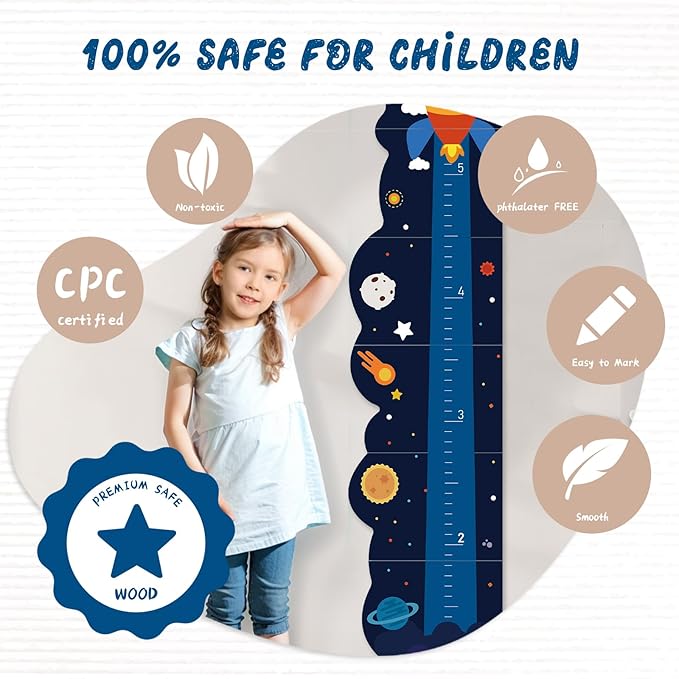 Woodemon Personalized Name Growth Chart for Wall, Rocket Wood Height Chart for Kids, Height Measurement for Wall, Boy Girls Height Wall Chart Growth Measuring Ruler, Toddler Playroom Decor