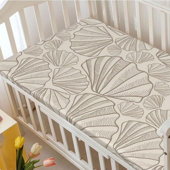 Seashells Themed Fitted Crib Sheet,Standard Crib Mattress Fitted Sheet Ultra Soft Material-Baby Sheet for Boys Girls,28“ x52“,Tan and Beige
