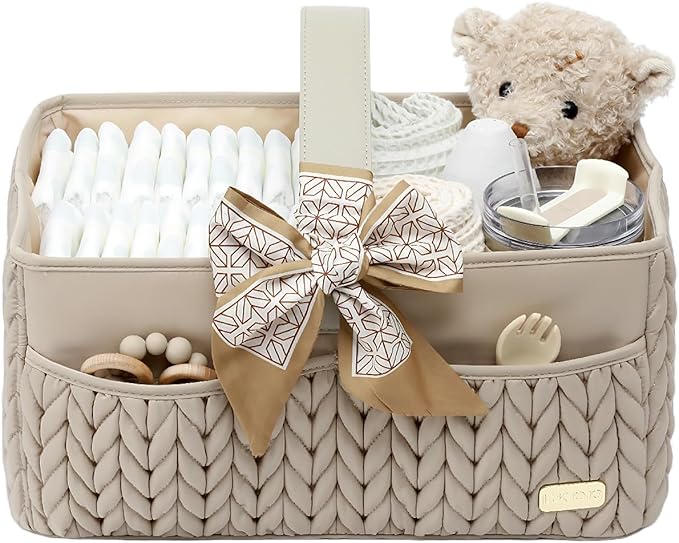 LUKJOJO Luxurious Baby Diaper Caddy, Nursery Storage Basket for Newborn Essentials, Travel Baby Basket for Diapers Baby Wipes, Organizer Tote Bag Storage Bin, Baby Shower Gifts(Beige)