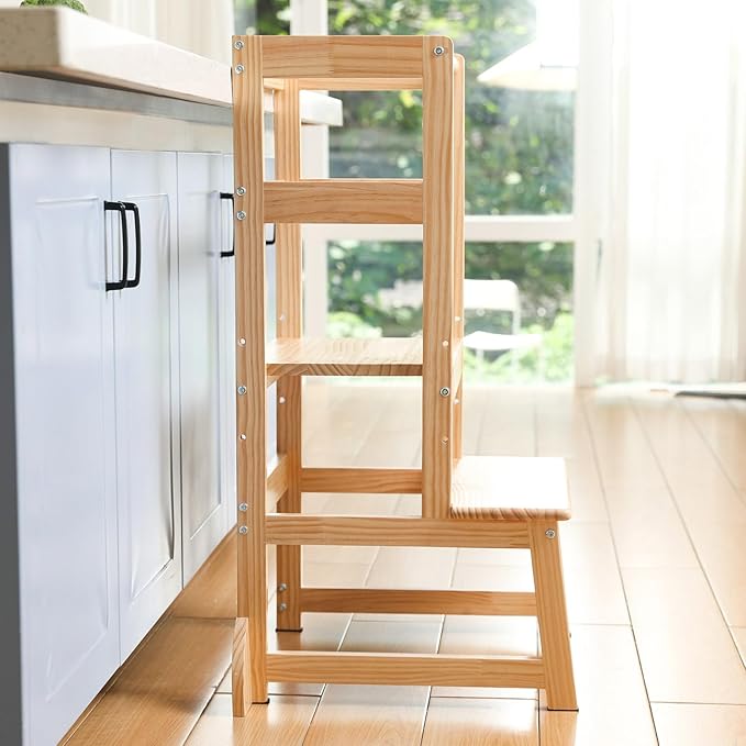 Mother's Helper Adjustable Height Kitchen Step Stool, Kids Helper Learning Stool Toddler Tower with Safety Rail for Kitchen Counter, Montessori Stool (Natural)