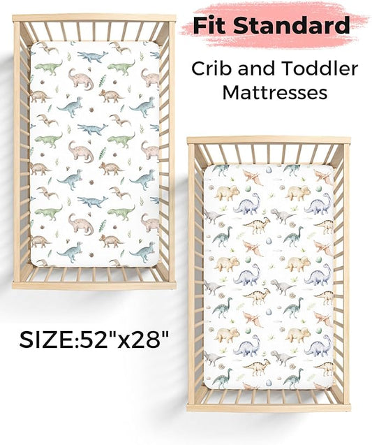 Crib Sheets for Boys and Girls, 2 Pack Fitted Baby Sheets for Standard Toddler Mattress 28" x 52", Soft Breathable Jersey Knit Baby Bedding (Dino Pals)