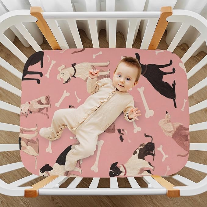 Pink Dog and Bone01 Crib Sheets Standard Crib Toddler Mattresses Cover Fitted Baby Bed Sheet Breathable Crib Mattress Sheet for Girls Boys 52" x 28"x5''