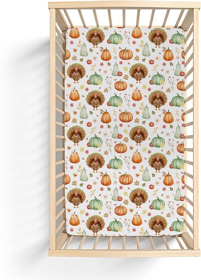 Thanksgiving Turkey Pumpkins Baby Crib Sheets for Boy Girl 52"x28" Autumn Maple Leaves Soft Stretchy Fitted Crib Mattress Cover Fall Harvest Baby Sheet for Standard Crib and Toddler Bed Mattress