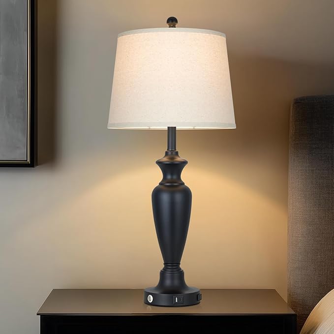 luxeflow Black Table Lamp for Living Room Single, 30″ Tall Touch Control Bedside Lamp for Bedroom, 3-Way Dimmable Nightstand Lamp with USB A+C Ports and AC Outlet (1 Pack)