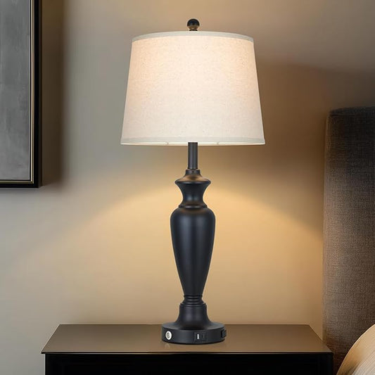 luxeflow Black Table Lamp for Living Room Single, 30″ Tall Touch Control Bedside Lamp for Bedroom, 3-Way Dimmable Nightstand Lamp with USB A+C Ports and AC Outlet (1 Pack)