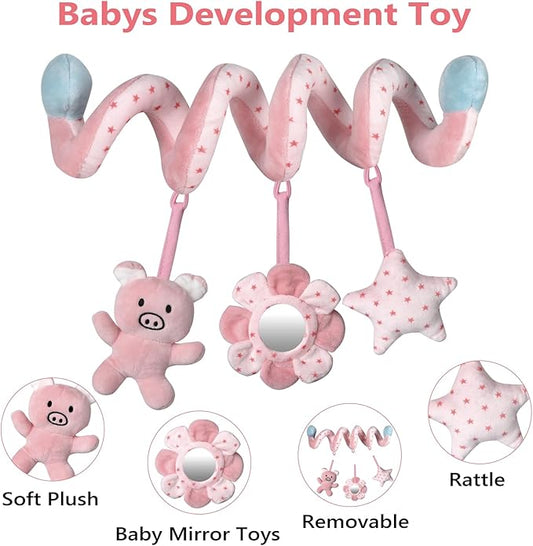 SAMMAS Car Seat Toys, Infant Baby Pink Pig Spiral Activity Hanging Toys Stroller Toys for Car Seat Stroller Bar Crib Bassinet Mobile with Mirror BB Squeaker and Rattles
