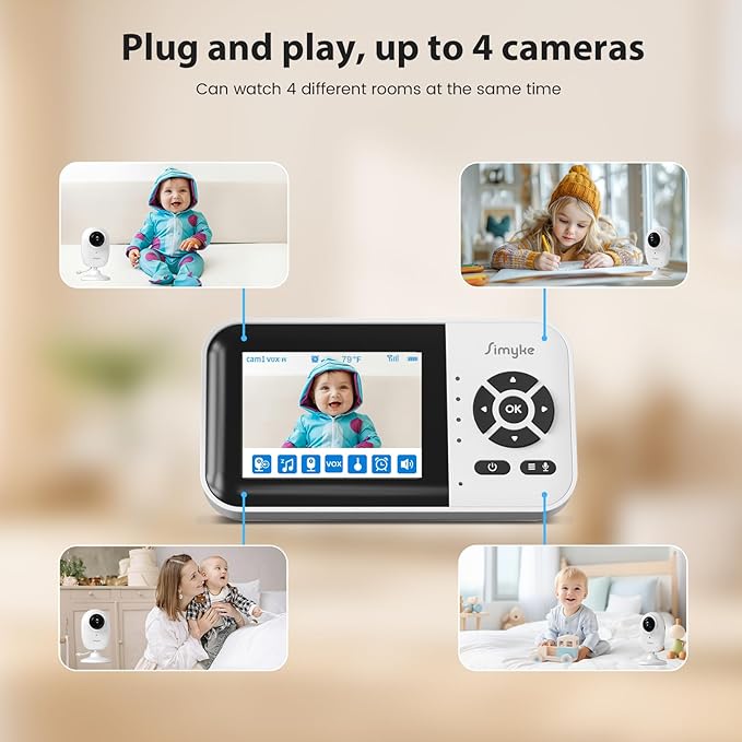 Smart Video Baby Monitor,2.8" Display & 1080p Camera,WiFi/No WiFi Modes,Cry Detection,2-Way Audio Talk,VOX/ECO,Feeding Timer,Temperature Sensor,Night Vision,8 Lullabies, Supports 4 Cameras