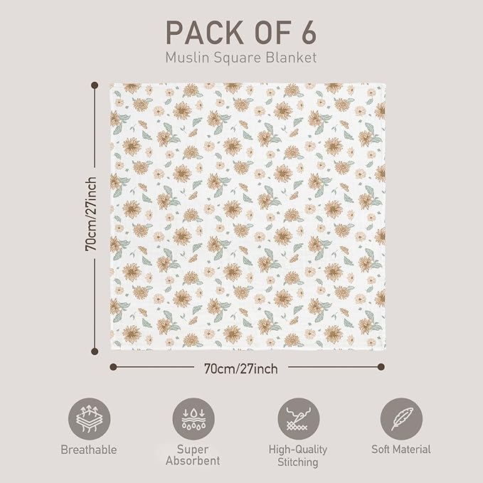 GLLQUEN BABY Receiving Blanket Boy Cotton Muslin Swaddle Blankets Girl Newborn Squares Breathable & Soft Thin Baby Blankets Cloths Double Absorbent Infant Swaddling Wrap - 6 Pack (Sunflower)