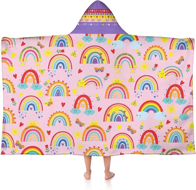 Thickened Hooded Towels for Kids Suitable Girls Boys Kids Bath Towels, 30"x50" Super Absorbent, Rainbow Cute Cartoon Toddler Towels Multi-Purpose for Beach, Pool and Bathroom