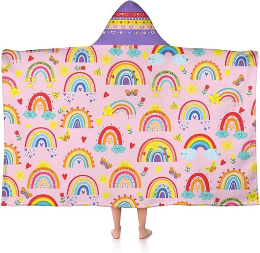 Thickened Hooded Towels for Kids Suitable Girls Boys Kids Bath Towels, 30"x50" Super Absorbent, Rainbow Cute Cartoon Toddler Towels Multi-Purpose for Beach, Pool and Bathroom