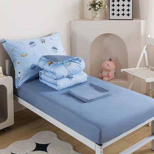 Caressma 5 Pieces Twin Size Comforter Set Bed-in-a-Bag,Soft Comforter Print Spaceship for Kids,Includes Blue Comforter, Fitted Sheet, Flat Sheet,Pillow Case & Pillow Shame for All Seasons