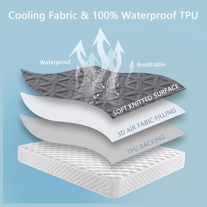 Premium Waterproof Mattress Protector Twin XL Size, Breathable Bed Cover 3D Air Fabric Cooling Mattress Pad Cover Smooth Soft Noiseless Washable, 8''-21'' Deep Pocket (Gray)