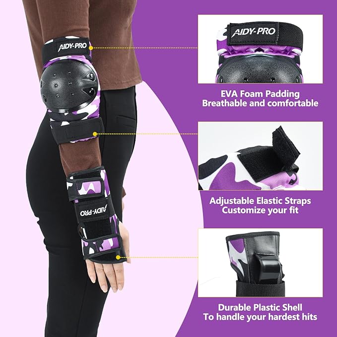 Adult/Youth/Kids Knee Pads and Elbow Pads Set Skateboard Protective Gear, 6 in 1 Knee Guards Kids Wrist Guards for Roller Skating Skateboarding Biking