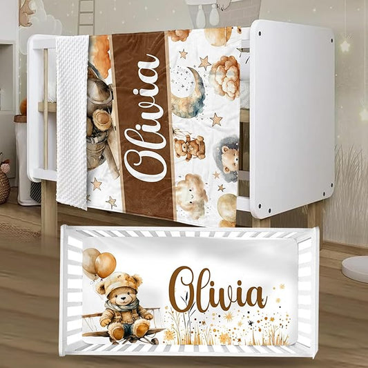 Personalized Baby Crib Bedding Set, Custom Name Balloon Bear Baby Bedding 2-Pcs Set - Soft Double Layer Dotted Blanket and Fitted Sheet, Nursery Bedding for Newborn Boys Girls, Perfect Shower Gift