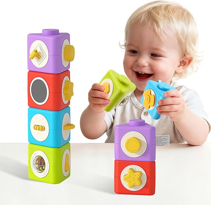 Montessori Busy Board for 1 Year Old, Toddler Travel Toys for Airplane & Car, Educational Activity Cube Stacking Toys for Toddler 1-2,Stocking Stuffers & Gifts for Toddlers Christmas