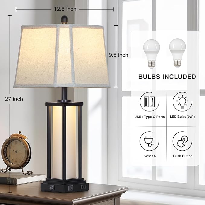 Cinkeda 27" Tall Vintage Table Lamp Set of 2 with USB C+A & Outlet,Black Industrial End Table Lamp for Living Room,Farmhouse Rustic Bedside Lamps with Bell Lampshades for Bedroom Nightstand,Black
