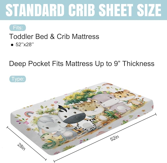 Baby Jungle Safari Animals Tropical Leaves Flowers Baby Crib Sheet 52''x28'' Fitted Crib Mattress Cover for Boy Girl Nursery Bed Sheet Fits Standard Crib Toddler Mattress (African, One Size)