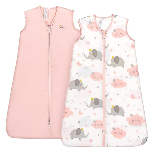 TILLYOU 2 Pack Baby Sleep Sack 12-18 Months 100% Cotton Wearable Blanket 0.5 TOG Sleeveless Summer Sleep Sacks with 2-Way Zipper, Pink Elephant & Cloud